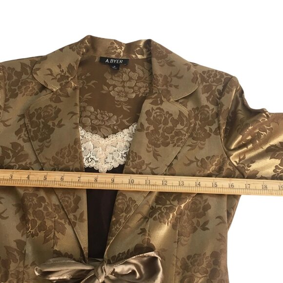 A. Byer Jacket Womens Medium Gold Brown Floral Jacquard Satin Tie Waist Blazer - Picture 12 of 16